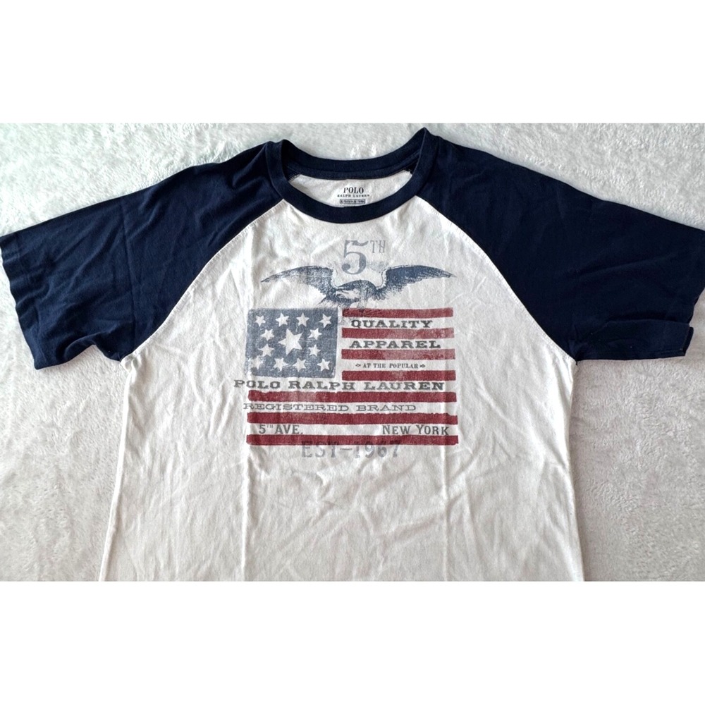 Vtg Polo Ralph Lauren Tshirt Mens *XL* USA Flag Y2K 90s Raglan‎ style Crewneck